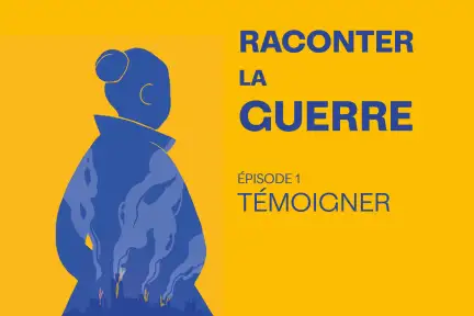 Dessin représentant la silhouette d'une femme,  une ville en feu est représentée dans son dos. La couleur de la silhouette et du fond de l'image sont celles du drapeau de l'Ukraine : jaune et bleu.