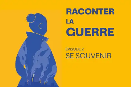 Dessin représentant la silhouette d'une femme,  une ville en feu est représentée dans son dos. La couleur de la silhouette et du fond de l'image sont celles du drapeau de l'Ukraine : jaune et bleu.