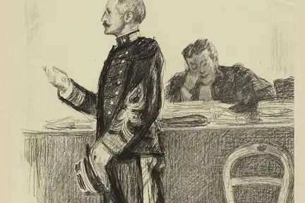 Le capitaine Dreyfus se tient debout de profil gauche avec au second plan, assis à la table des avocats