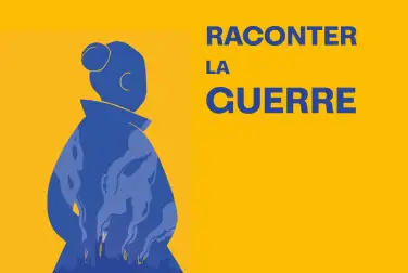 Dessin représentant la silhouette d'une femme,  une ville en feu est représentée dans son dos. La couleur de la silhouette et du fond de l'image sont celles du drapeau de l'Ukraine : jaune et bleu.