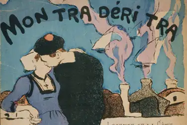 L'image est une affiche ancienne représentant un couple qui s'embrasse et où il est écrit Mon tra déri tra, légende de la côte chantée par Villé.  Paroles de Léon Durocher, musique de Marcel Legay