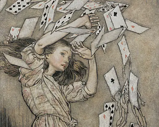 Illustration d'une jeune fille avec des cartes de jeux qui l'entourent