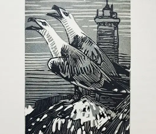 Gravure qui représente deux oiseaux devant un phare