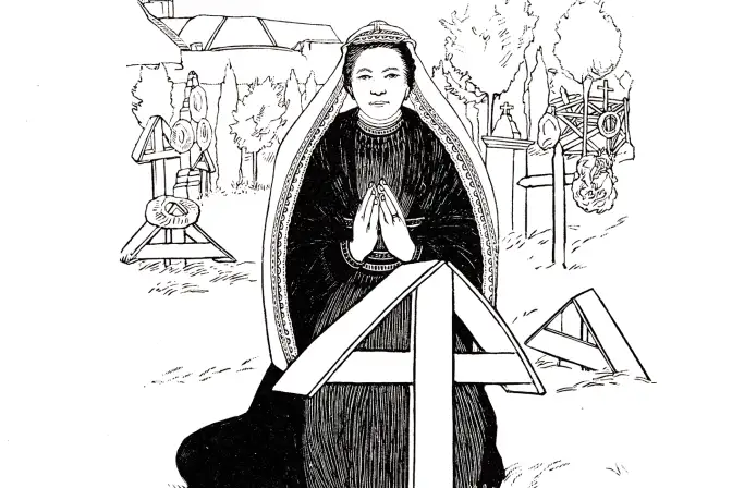 croquis de bretagne dessin d'une Bretonne qui prie