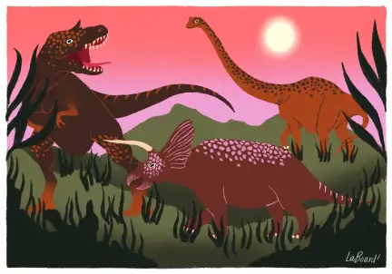Dinosaures Illustration de trois dinosaures sur une plaine.