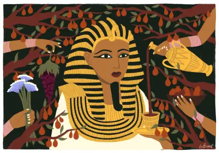 Toutânkhamon Illustration d'un pharaon à qui l'on offre des cadeaux.