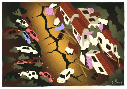 Séismes Illustration d'une grande fissure dans le sol avec des voitures renversées et des maisons écroulées
