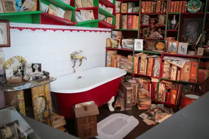 Une baignoire au milieu d'une bibliothèque, dans le musée Pollès