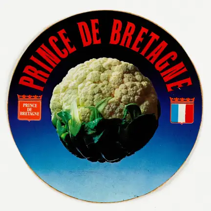 Autocollant publicitaire, on y voit un chou-fleur avec la mention « Prince de Bretagne » écrit en rouge.