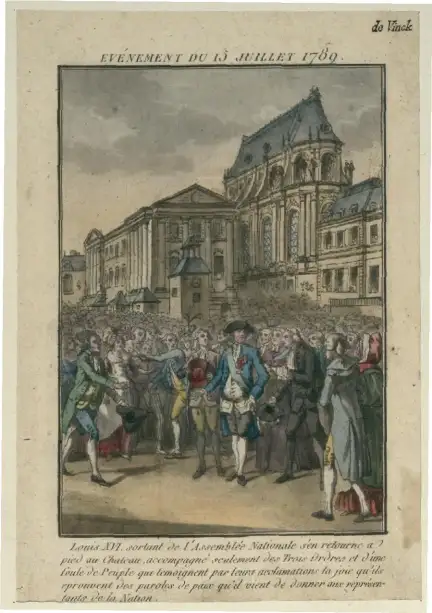 Gravure Événement du 15 juillet 1789, J.-F. Janinet, 1789 – 1792. Bibliothèque Nationale de France, Paris Gravure titrée « Événement du 15 juillet 1789 ». On y voit Louis XVI sortant de l’Assemblée Nationale, retournant à pied au château. Il est accompagné des représentants des Trois Ordres et d’une foule de peuple qui l’acclame. La scène montre la joie du peuple en réponse aux paroles de paix que le roi vient de prononcer devant les représentants de la Nation. Le bâtiment en arrière-plan est imposant, avec des colonnes et de grandes fenêtres, évoquant l’architecture du XVIIIe siècle.