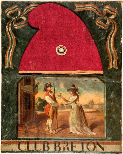 Tableau Le Club Breton, Musée de Bretagne, Rennes. Marque du domaine public Enseigne peinte du Club Breton, surmontée d’un grand bonnet phrygien rouge orné d’une cocarde tricolore au centre. En dessous, une scène représente un soldat révolutionnaire, coiffé d’un bonnet phrygien et appuyé sur une pique, serrant la main d’une femme élégamment vêtue, qui lui tend un document sur lequel est visible la Déclaration des Droits de l’Homme et du Citoyen. En arrière-plan, un bâtiment de style classique, probablement une place publique. L’inscription « CLUB BRETON » figure en bas de l’image. Deux rubans tricolores sont peints dans les coins supérieurs gauche et droit.