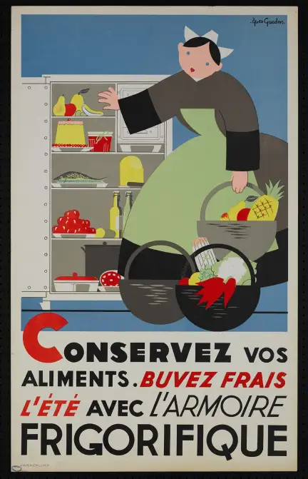Affiche de la compagnie parisienne de distribution d’électricité dessinée vers 1936 par l’artiste et modéliste Yves Gueden (1904-1976) – Tous droits réservés – Collection Musée de Bretagne, Rennes Affiche de la compagnie parisienne de distribution d’électricité ! Conservez vos aliments. Buvez frais l'été avec l'armoire frigorifique.