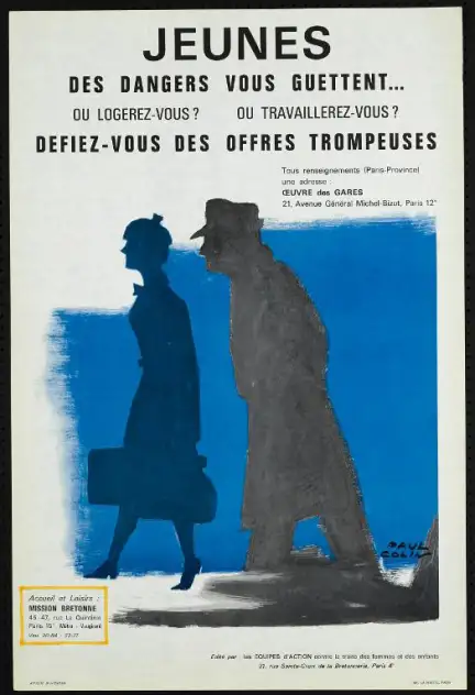 « Jeunes, des dangers vous guettent. Où logerez-vous ? Où travaillerez-vous ? Défiez-vous des offres trompeuses », affiche dessinée par Paul Colin (1892-1985) pour la Mission Bretonne de Paris – ADAGP, Paris, 2018 – Collection Musée de Bretagne, Rennes "Jeunes, des dangers vous guettent. Où logerez-vous ? Où travaillerez-vous ? Défiez-vous des offres trompeuses"