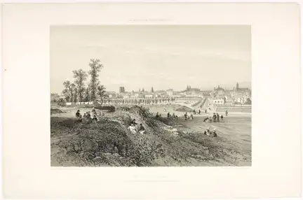 Rennes, vue prise du Champ de Mars, lithographie par Félix Benoist (1818-1896), Eugène Cicéri (1813-1890) et Adolphe Bayot (1810-1871) pour La Bretagne contemporaine, ouvrage publié vers 1865 par les Éditions Charpentier de Nantes – Marque du Domaine Public – Collection Musée de Bretagne, Rennes