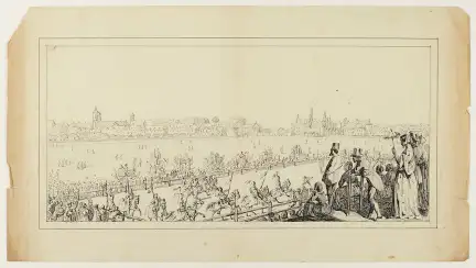 Spectateurs sur la levée du Champs de Mars en 1853, dessin par E. de Monthuchon – Marque du Domaine Public – Collection Musée de Bretagne, Rennes