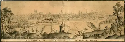 Veüe et Perspective de la ville de Rennes du costé de Beaumont par Villeneuve-Forestier, 1720 – Marque du Domaine Public – Collection Musée de Bretagne, Rennes