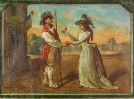 Détail des personnages : à gauche, un révolutionnaire et à droite, “Lambertine”. Tableau Le Club Breton. Musée de Bretagne, Rennes. Marque du domaine public.