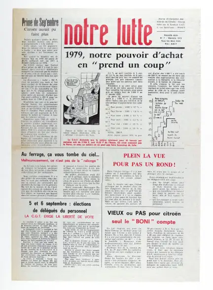 Une du journal Notre Lutte, mai-juin 1979, "1979, notre pouvoir d'achat en "prend un coup""
