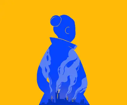 Dessin représentant la silhouette d'une femme,  une ville en feu est représentée dans son dos. La couleur de la silhouette et du fond de l'image sont celles du drapeau de l'Ukraine : jaune et bleu.