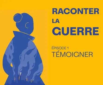 Dessin représentant la silhouette d'une femme,  une ville en feu est représentée dans son dos. La couleur de la silhouette et du fond de l'image sont celles du drapeau de l'Ukraine : jaune et bleu.