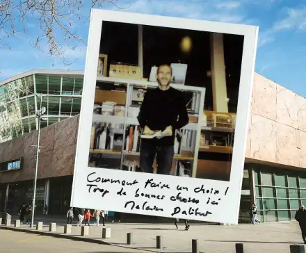 Portrait polaroïd de Melaine Dalibert, annoté de sa main : "comment faire un choix ! trop de bonnes choses ici'