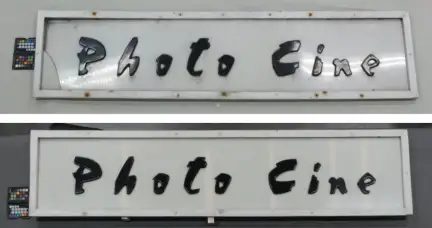 Une des enseignes avant et après restauration – Cliché Julia Becker – Tous droits réservés Montage photo d'une enseigne avant et après sa restauration "Photo ciné"